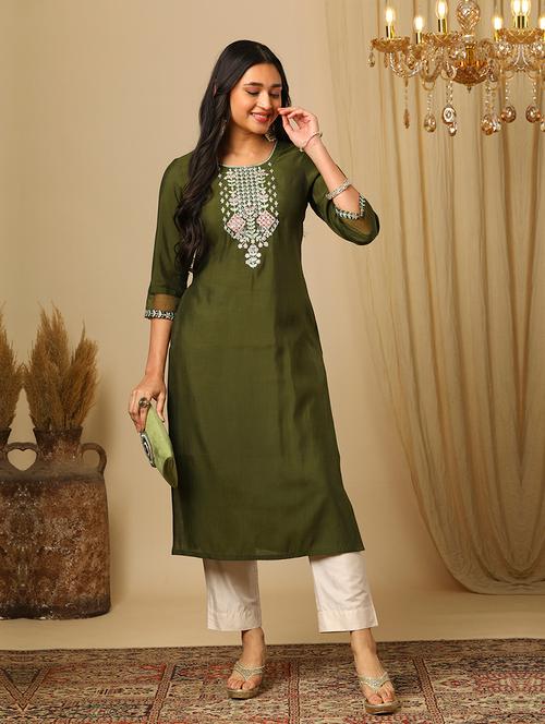 women's green round neck zari embroidered yoke design straight calf length ethnic kurta - 21511685 - Very Small Image - 1