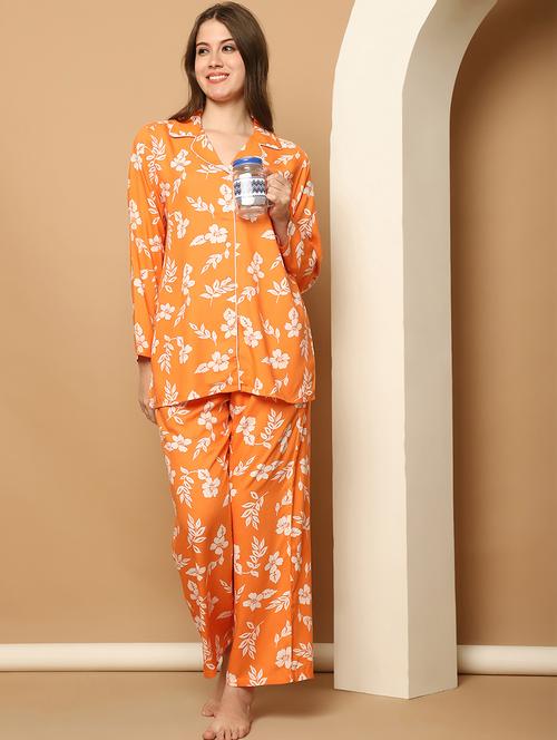 women lapel collar printed pyjama set - 21512040 - Very Small Image - 1