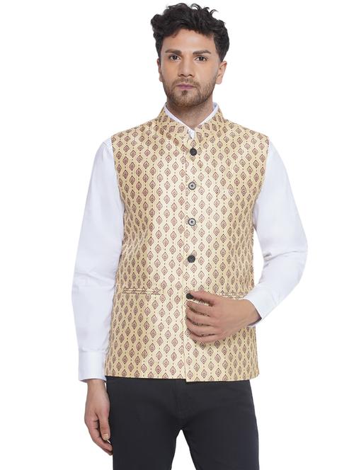 men beige self design sleeveless nehru jacket - 21513333 - Very Small Image - 1