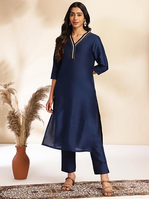 women navy blue solid kurta pant set - 21513902 - Very Small Image - 1