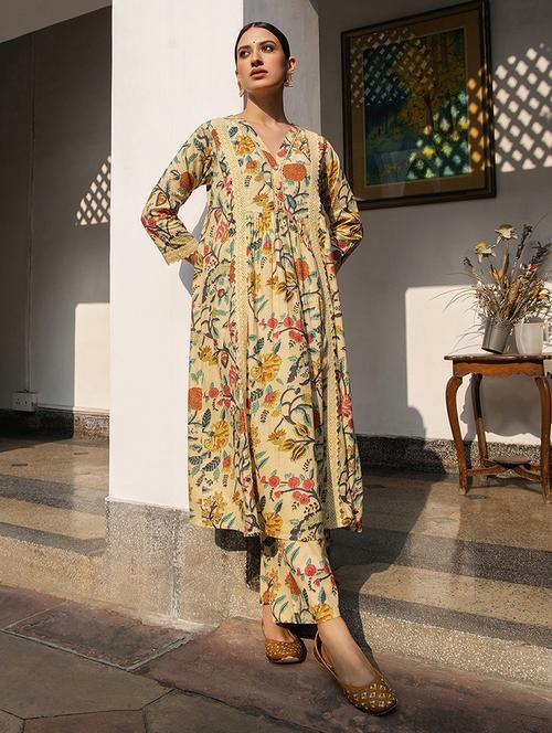 beige floral printed kurta pant set - 21514176 - Very Small Image - 1