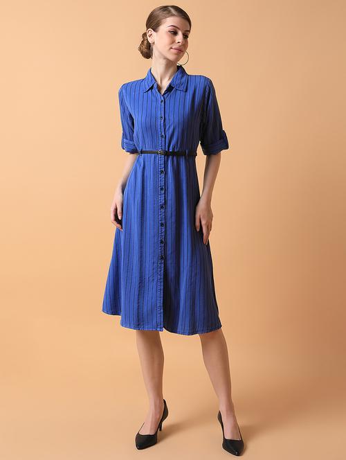 women blue stripes roll up sleeves a-line dress - 21514556 - Very Small Image - 1