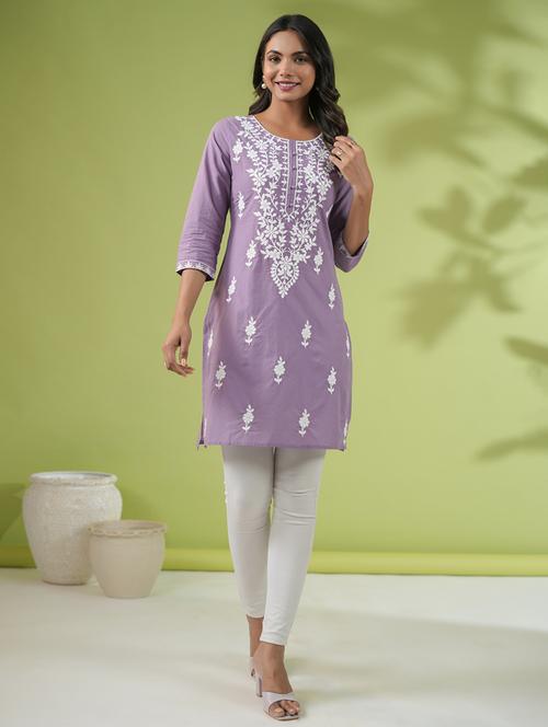 women chikankari work round neck kurti - 21514601 - Very Small Image - 1