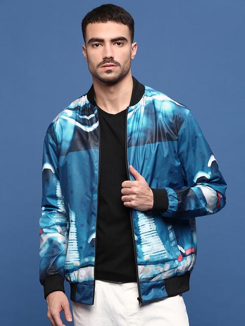 men blue printed bomber jacket - 21514679 - Very Small Image - 1