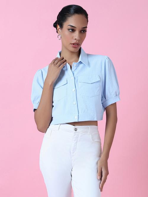 women light blue cotton blend crop shirt - 21514930 - Very Small Image - 1