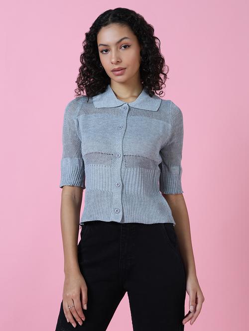 women grey self design collared neck shirt top - 21515089 - Very Small Image - 1