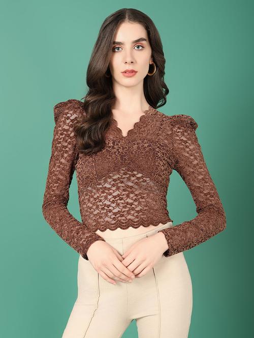 women brown self-designed crop top - 21515135 - Very Small Image - 1
