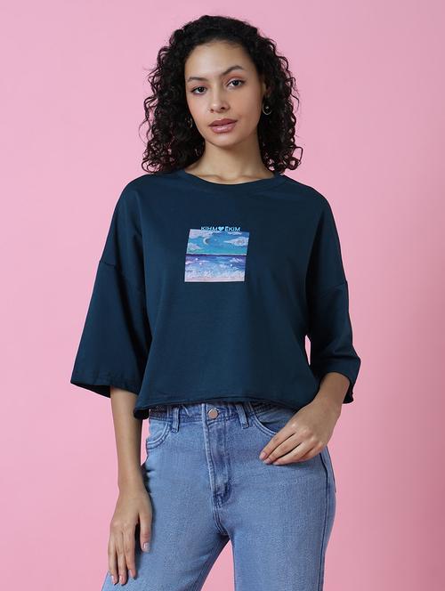 women teal cotton blend boxy t-shirt - 21515240 - Very Small Image - 1