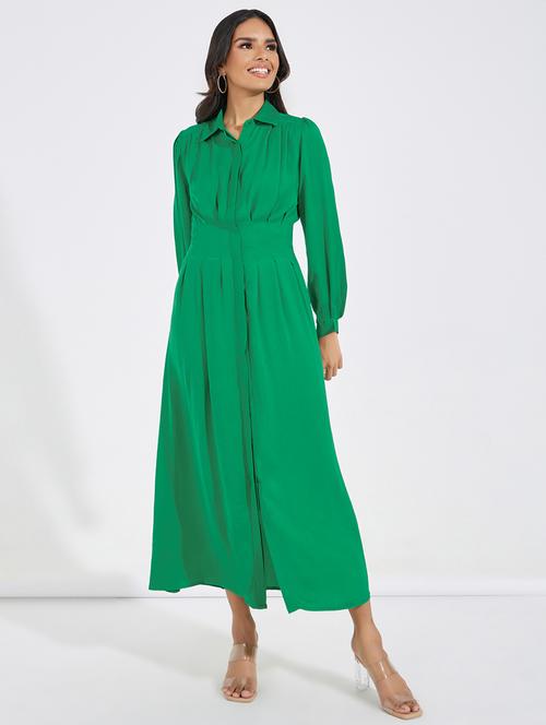 women solid collared puff sleeve a-line dress - 21518845 - Very Small Image - 1