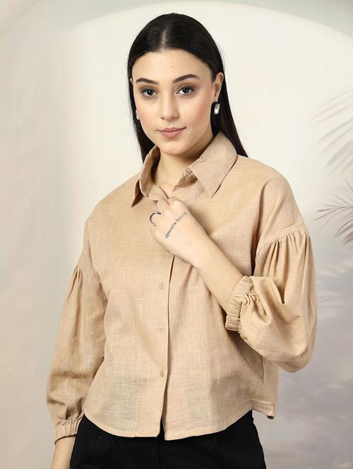 women solid puff sleeves collared shirt - 21520522 - Very Small Image - 1