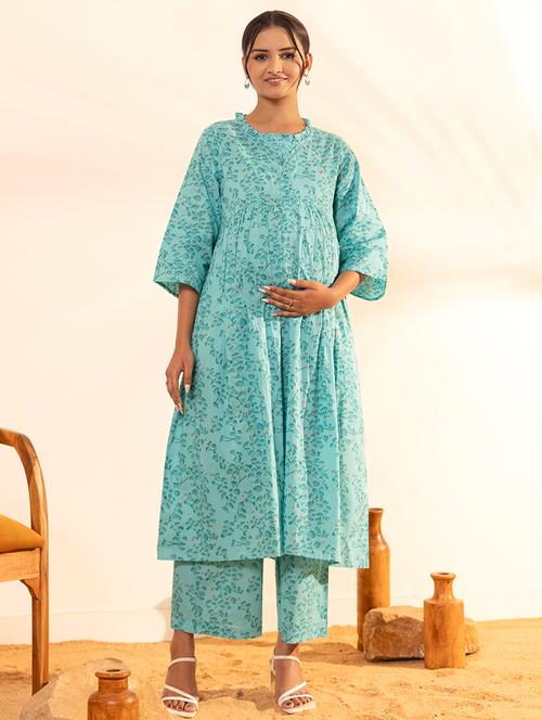 women sea green three quarter sleeve kurta pant set - 21521114 - Very Small Image - 1