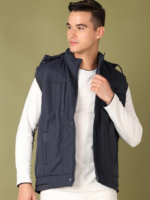 men navy blue solid sleeveless bomber jacket - 21521170 - Very Small Image - 1