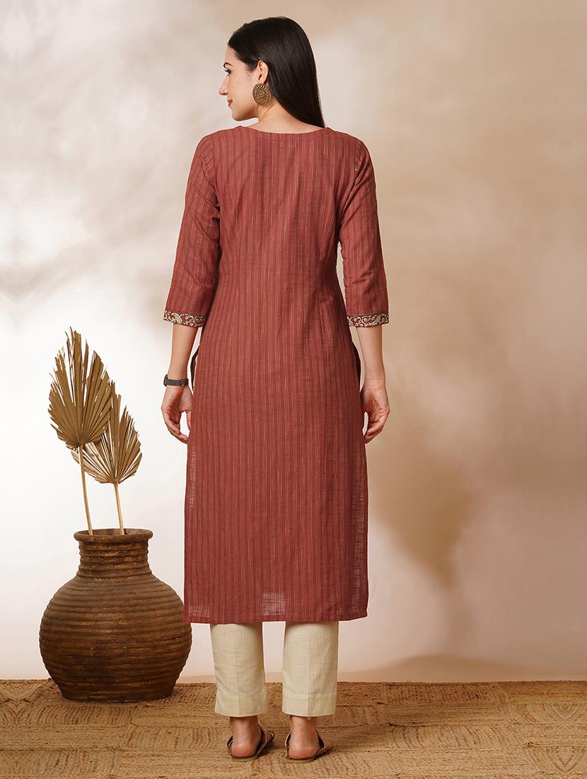 women brown notch neck straight kurta - 21521908 - Standard Image - 3