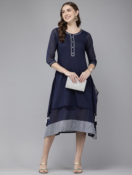 women blue solid with work layered kurta - 21521957 - Very Small Image - 1