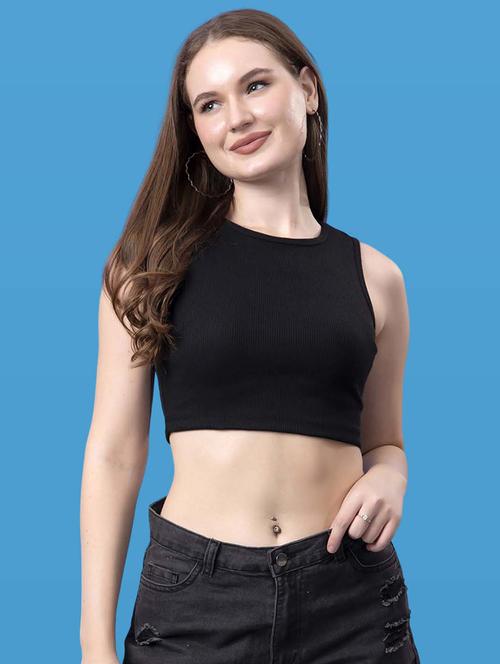 women solid black cotton crop top - 21522505 - Very Small Image - 1