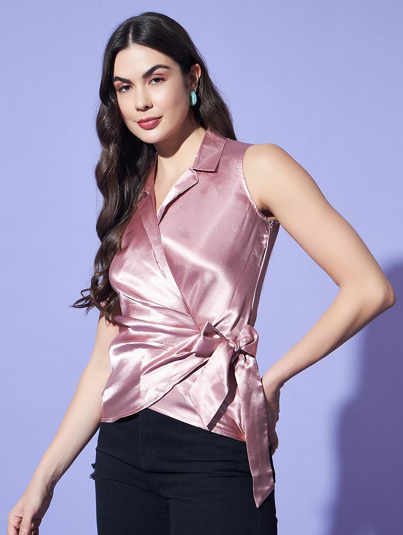 women solid pink wrap top - 21522756 - Standard Image - 2