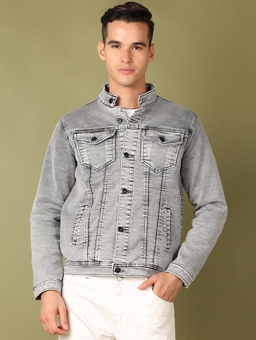 men grey solid long sleeve denim jacket - 21522832 - Very Small Image - 1
