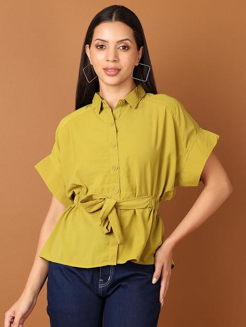 women olive solid collared neck shirt top - 21522899 - Very Small Image - 1
