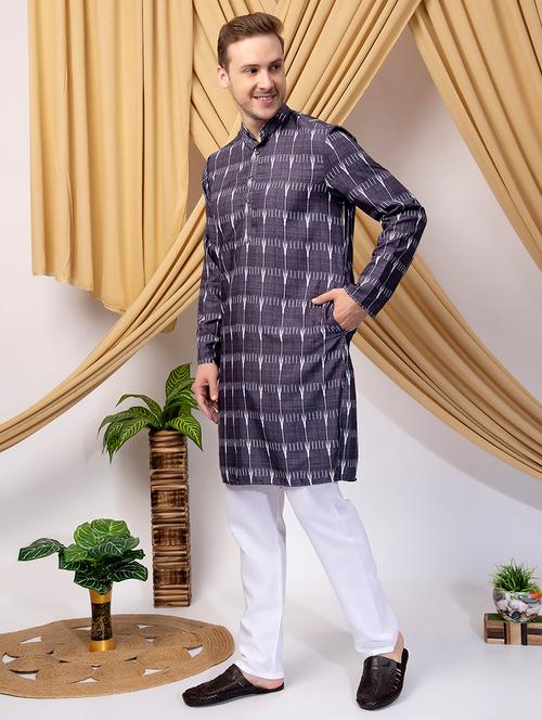 men long sleeve printed kurta with trouser set - 21523244 - Very Small Image - 1