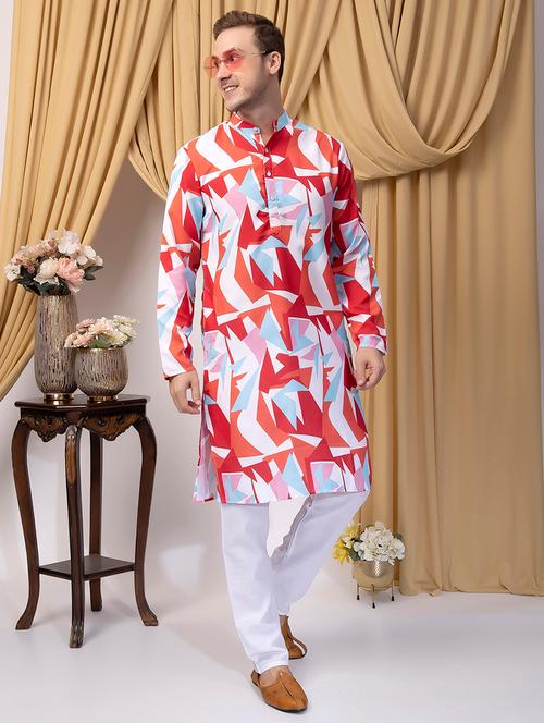 men long sleeve printed kurta with trouser set - 21523285 - Very Small Image - 1