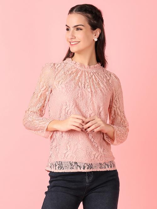 women peach lace detailed round neck top - 21524307 - Very Small Image - 1