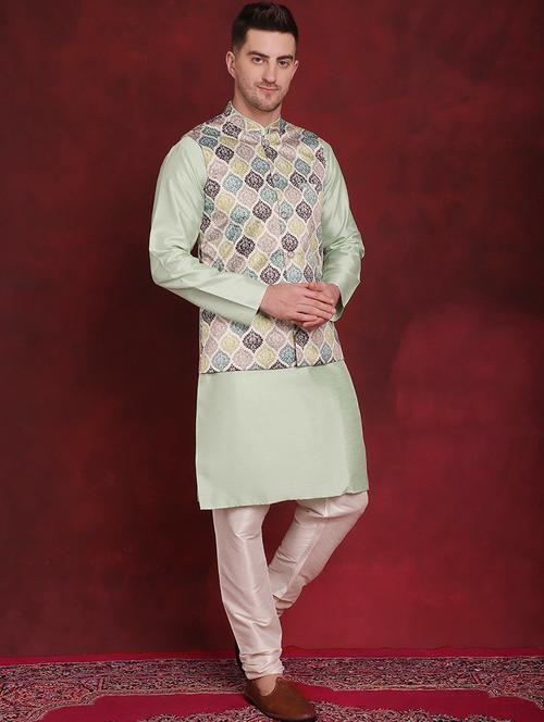 men solid kurta pyjama set with printed jacket - 21524892 - Very Small Image - 1