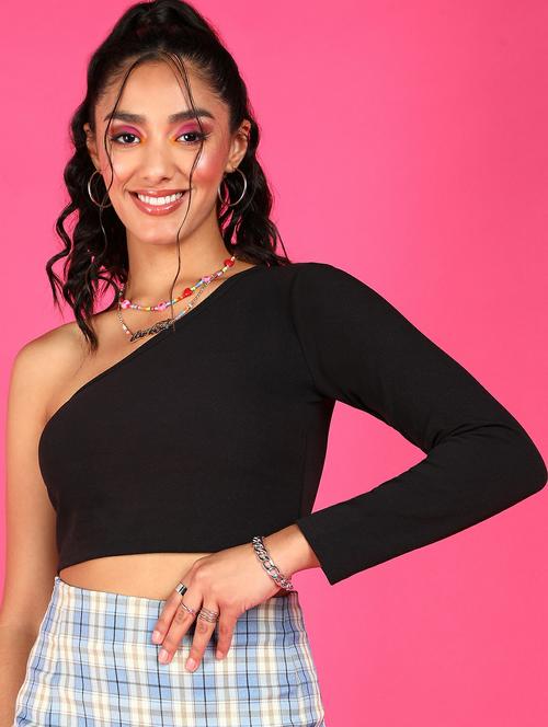 women solid single shoulder crop top - 21525197 - Very Small Image - 1