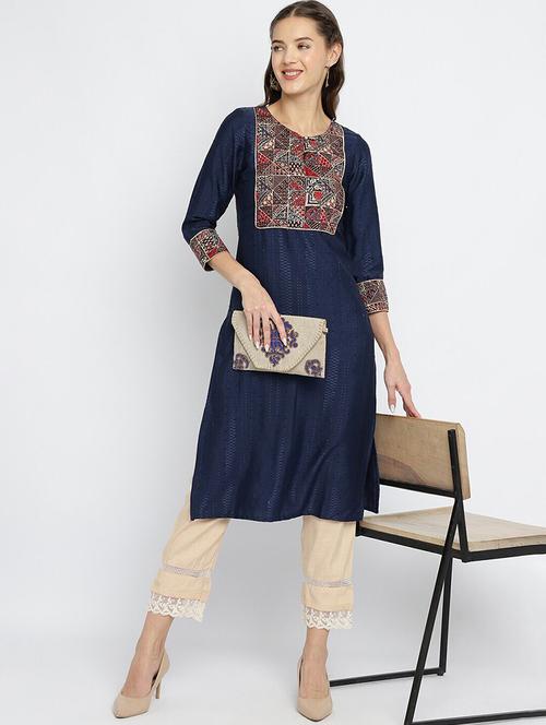 women self design three quarter sleeves straight kurta - 21525897 - Very Small Image - 1