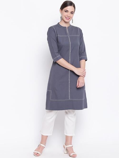women solid three quarter sleeves straight kurta - 21526004 - Very Small Image - 1