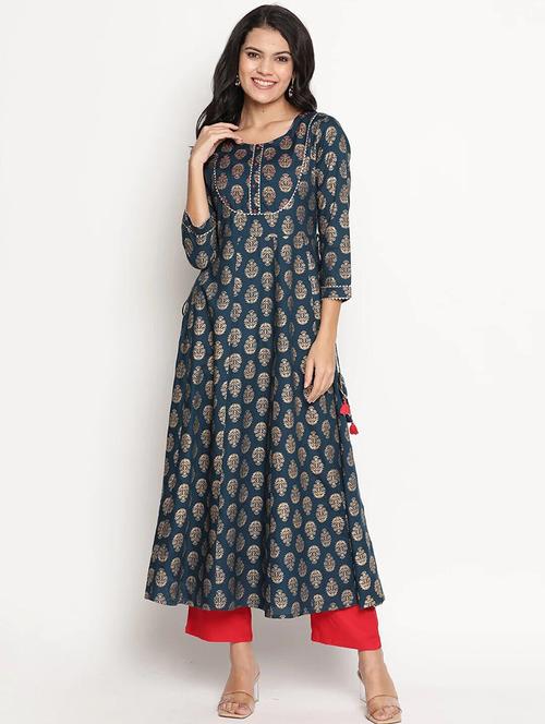 women foil print round neck anarkali kurta - 21526168 - Very Small Image - 1