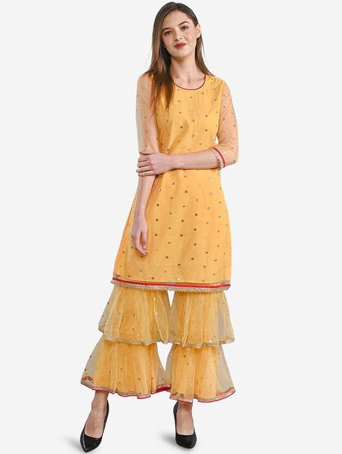 women solid with work kurta sharara set - 21526358 - Very Small Image - 1