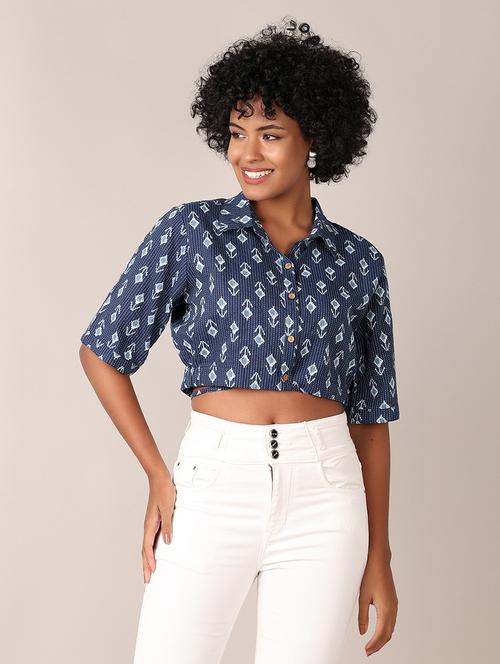 women printed collared crop top - 21527399 - Very Small Image - 1