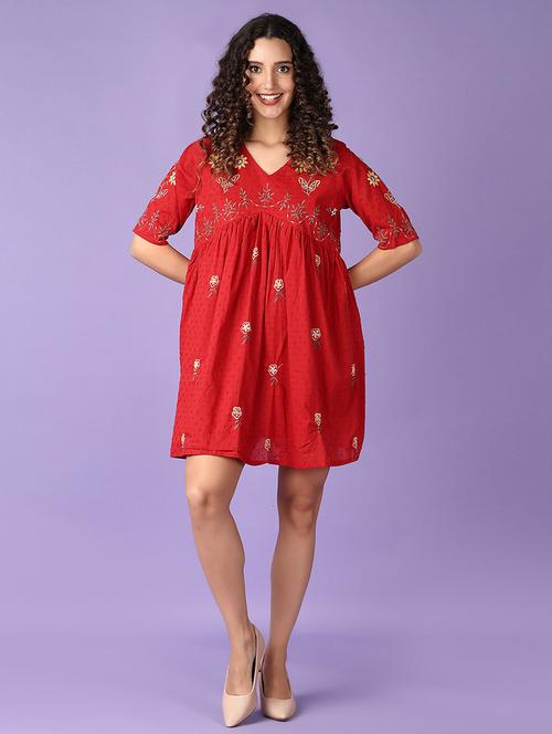 women red embroidered flared ethnic dress - 21527405 - Very Small Image - 1