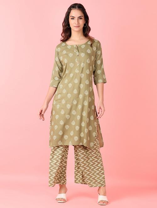 women olive printed kurta palazzo set  - 21528216 - Very Small Image - 1