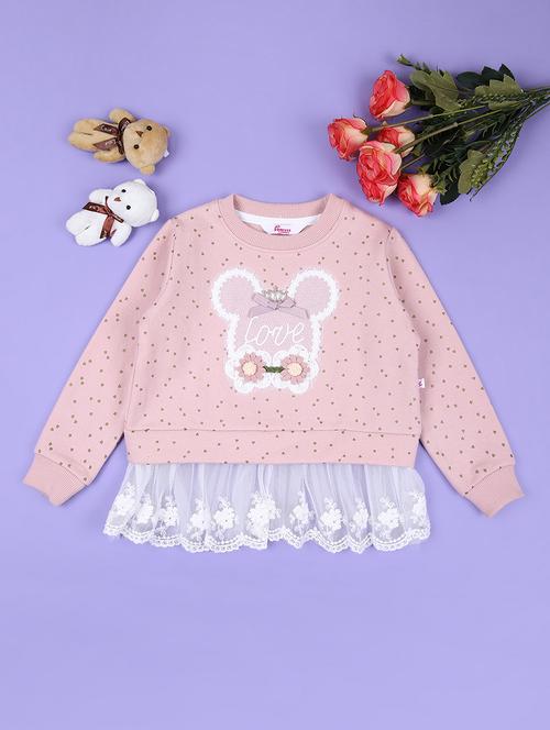 girls peach round neck front print sweatshirt - 21531424 - Very Small Image - 1