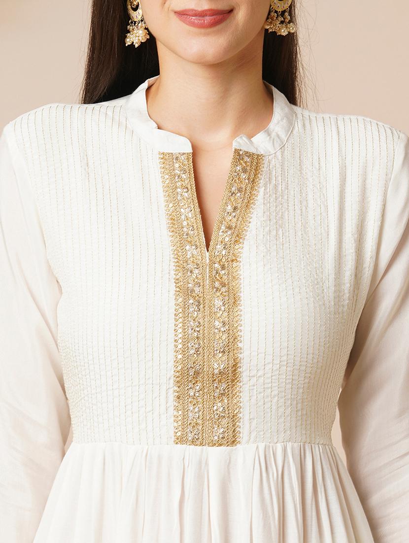 globus women off-white mandarin collar gotta lace yoke a-line calf length ethnic kurta - 21531826 - Standard Image - 4
