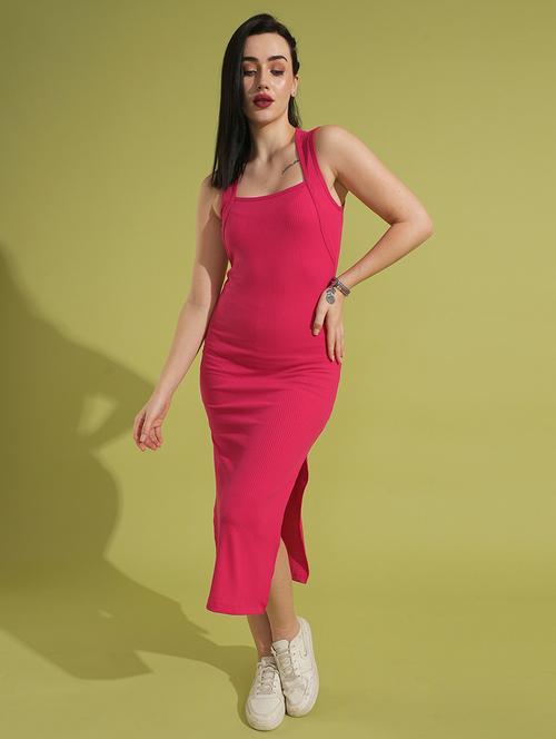 globus women pink square neck ribbed bodycon side slit midi party dress - 21531900 - Very Small Image - 1
