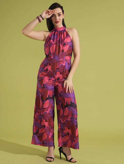 globus women multi floral printed tie-up halter neck party jumpsuit - 21531924 - Very Small Image - 1