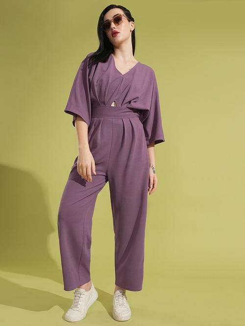 globus women mauve solid v-neck batwing sleeves cut-out pleated waist smocked jumpsuit - 21531925 - Very Small Image - 1