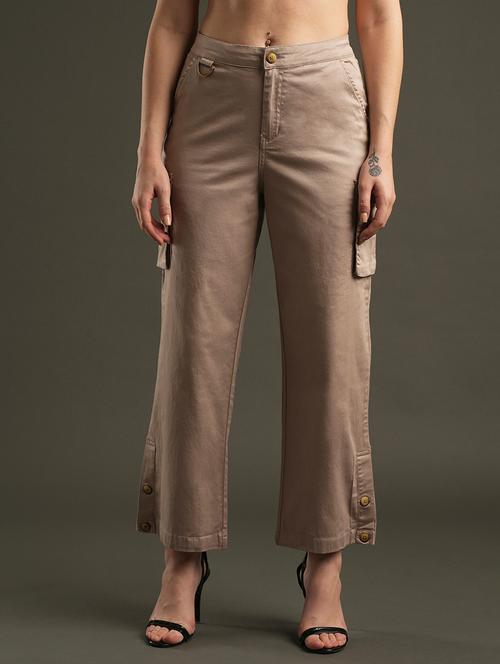 globus women beige cotton stretchable mid-rise relaxed fit flat front cargo trousers - 21534463 - Very Small Image - 1