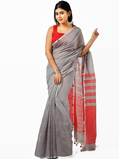 women grey handloom saree - 21537436 - Very Small Image - 1