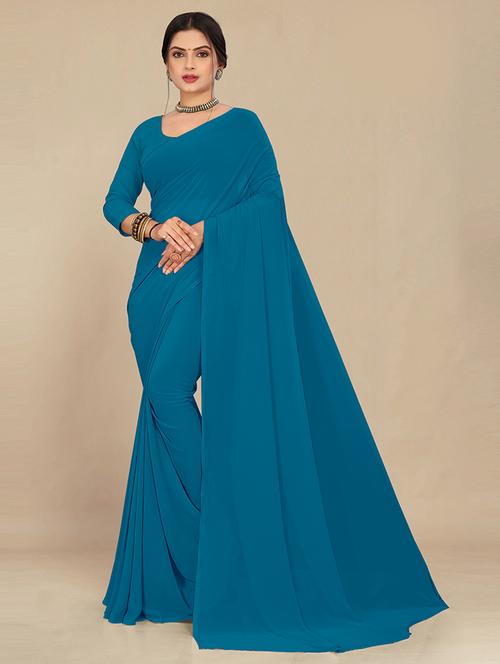 women turquoise plain saree  - 21538958 - Very Small Image - 1