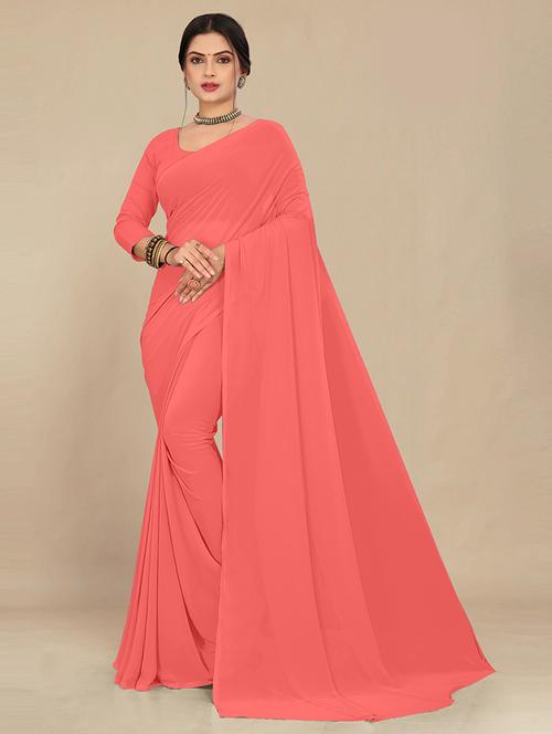 women peach plain saree  - 21538972 - Very Small Image - 1