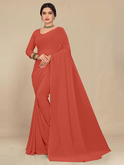 women coral plain saree  - 21538985 - Very Small Image - 1
