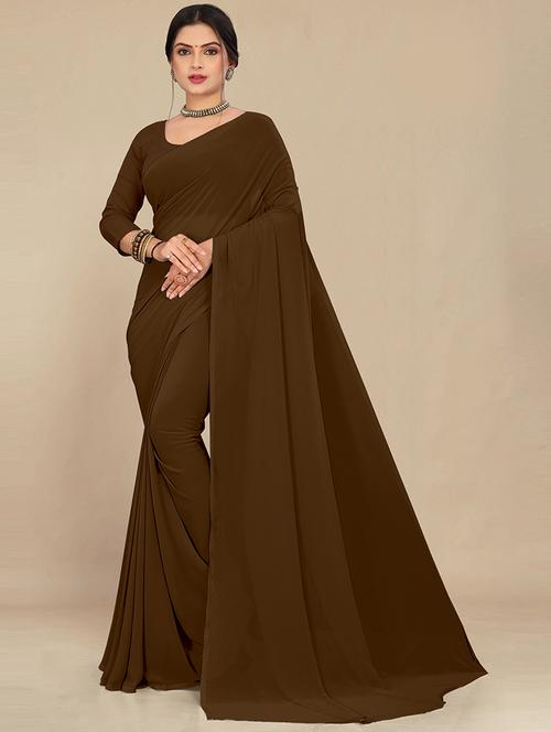 women brown plain saree - 21539008 - Very Small Image - 1