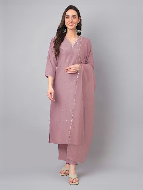 women v neck kurta pant set with dupatta - 21541654 - Very Small Image - 1