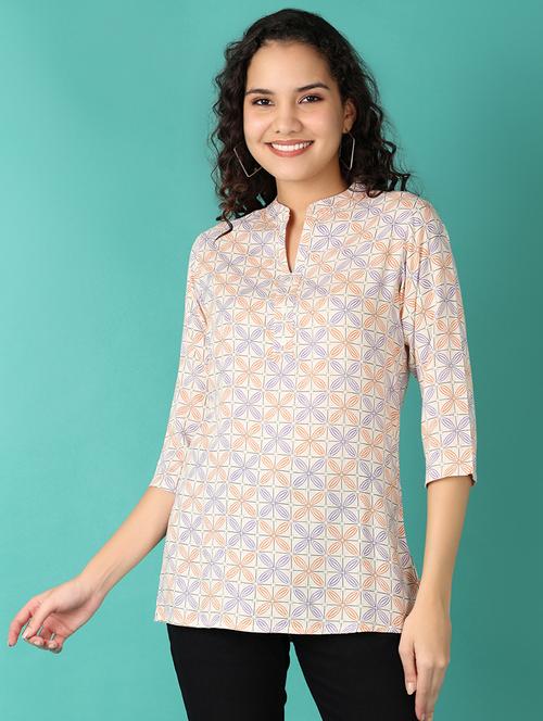 women beige printed mandarin neck tunic - 21542624 - Very Small Image - 1