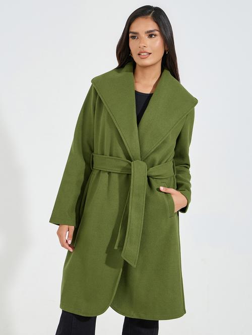 women olive solid trench coat - 21546979 - Very Small Image - 1