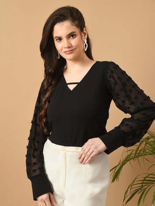 women self design long sleeves crop top - 21547319 - Very Small Image - 1