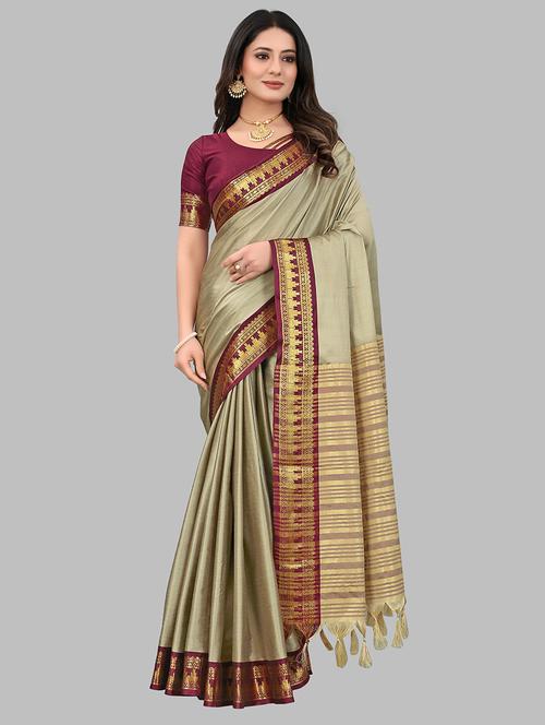 women solid zari bordered saree - 21549806 - Very Small Image - 1
